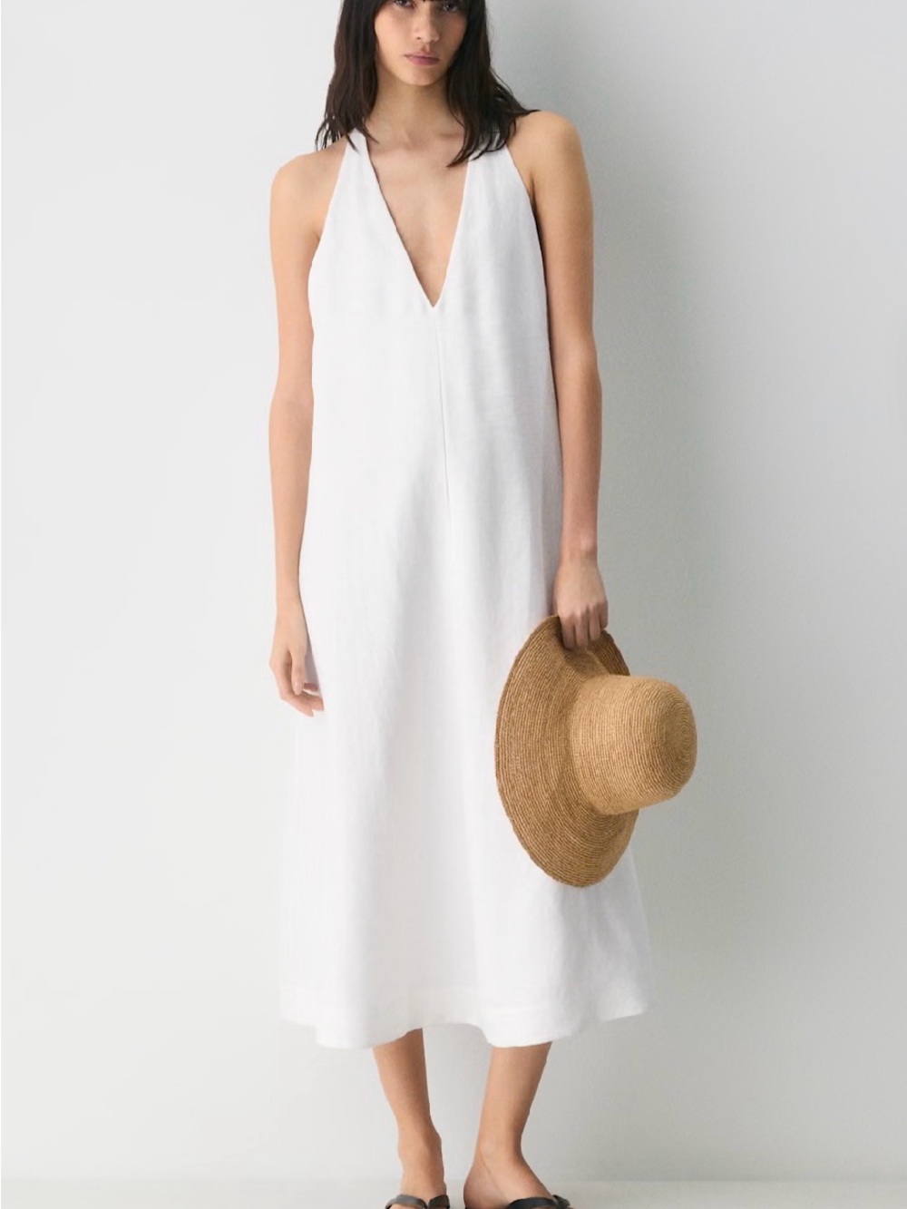 Aritzia Little Moon White Linen V-Neck Midi Slip Dress